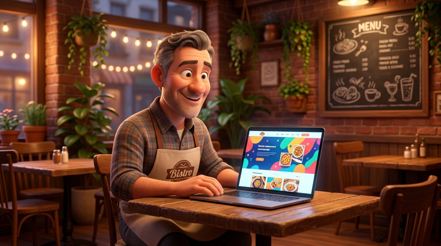 Uśmiechnięty restaurator przy stoliku w swoim lokalu ogląda na laptopie stronę internetową restauracji