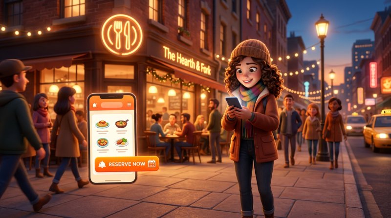 Kobieta na wieczornej ulicy sprawdza na smartfonie stronę restauracji z widocznym przyciskiem rezerwacji