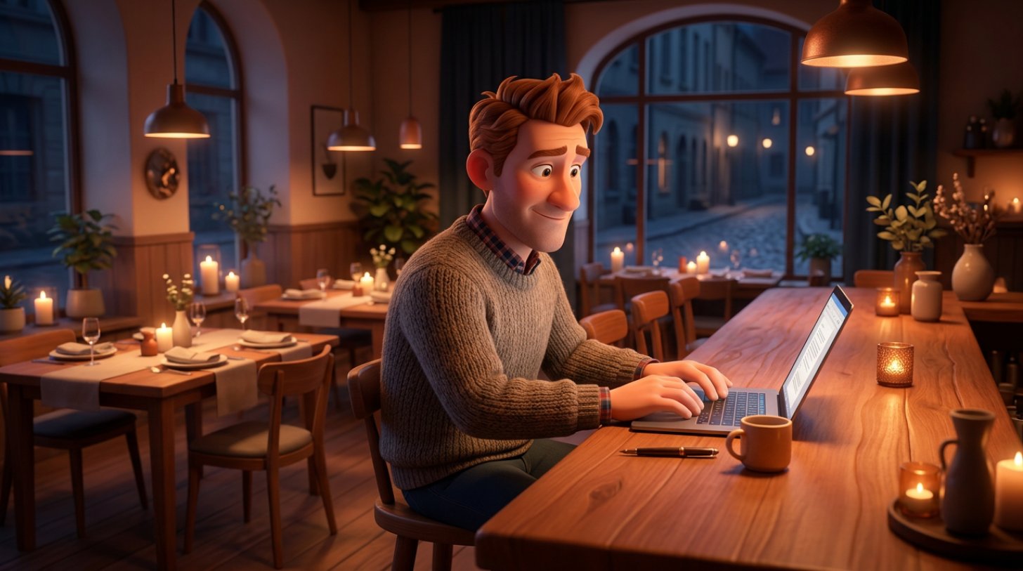 Restaurangägare som sent på kvällen sitter vid bardisken i sin stängda restaurang och skriver ett genomtänkt svar på en recension på sin bärbara dator