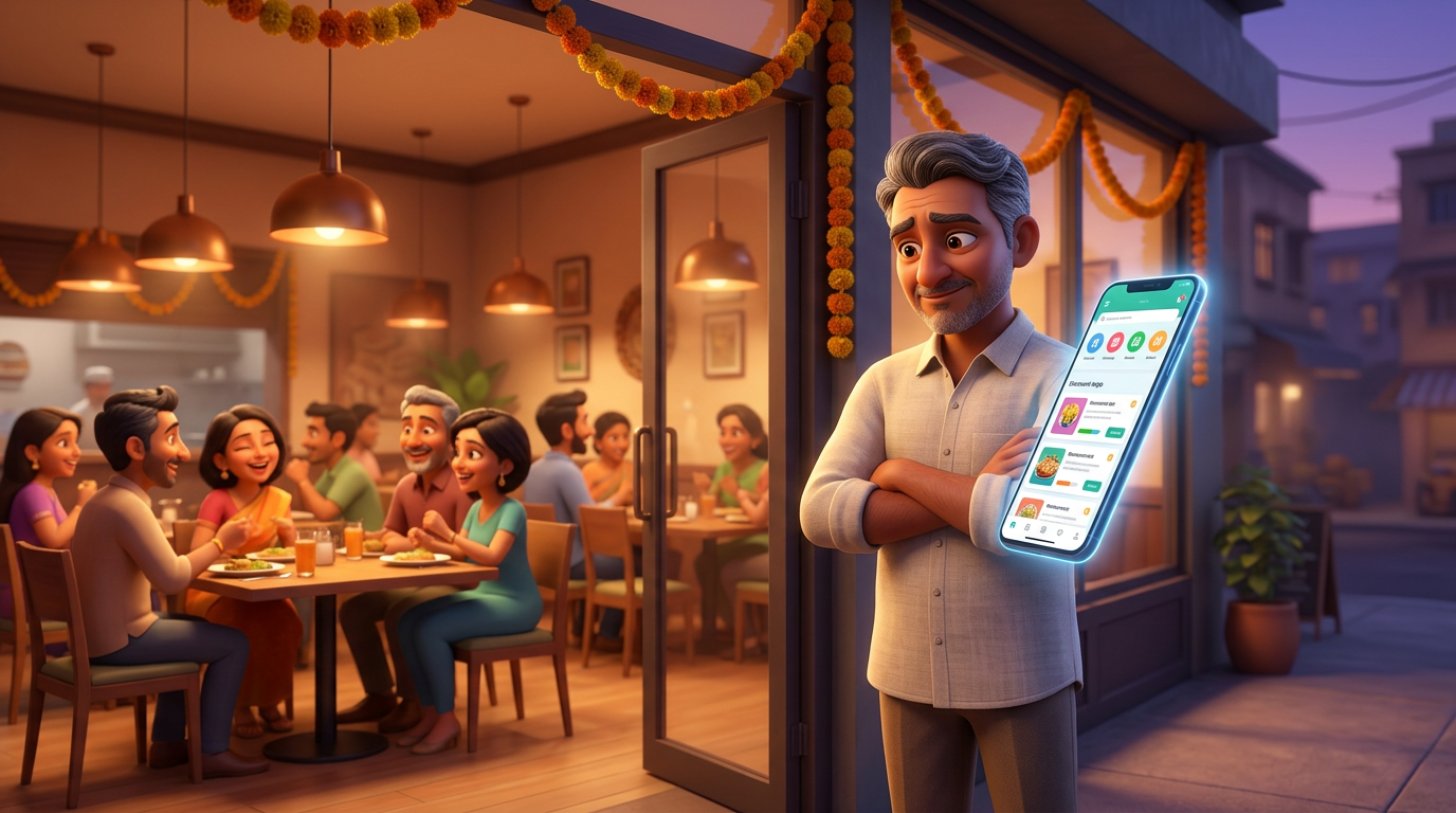 Indian restaurant owner standing at the entrance of his Mumbai casual dining restaurant at dusk, looking thoughtfully at a smartphone showing a discount-heavy dining app while his warmly lit dining room is full of guests