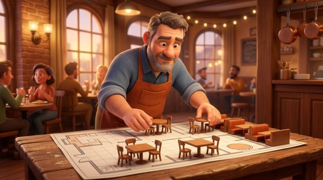 Restauranthouder die miniatuurtafels verschuift op een plattegrond van zijn eetzaal, als stukken op een spelbord