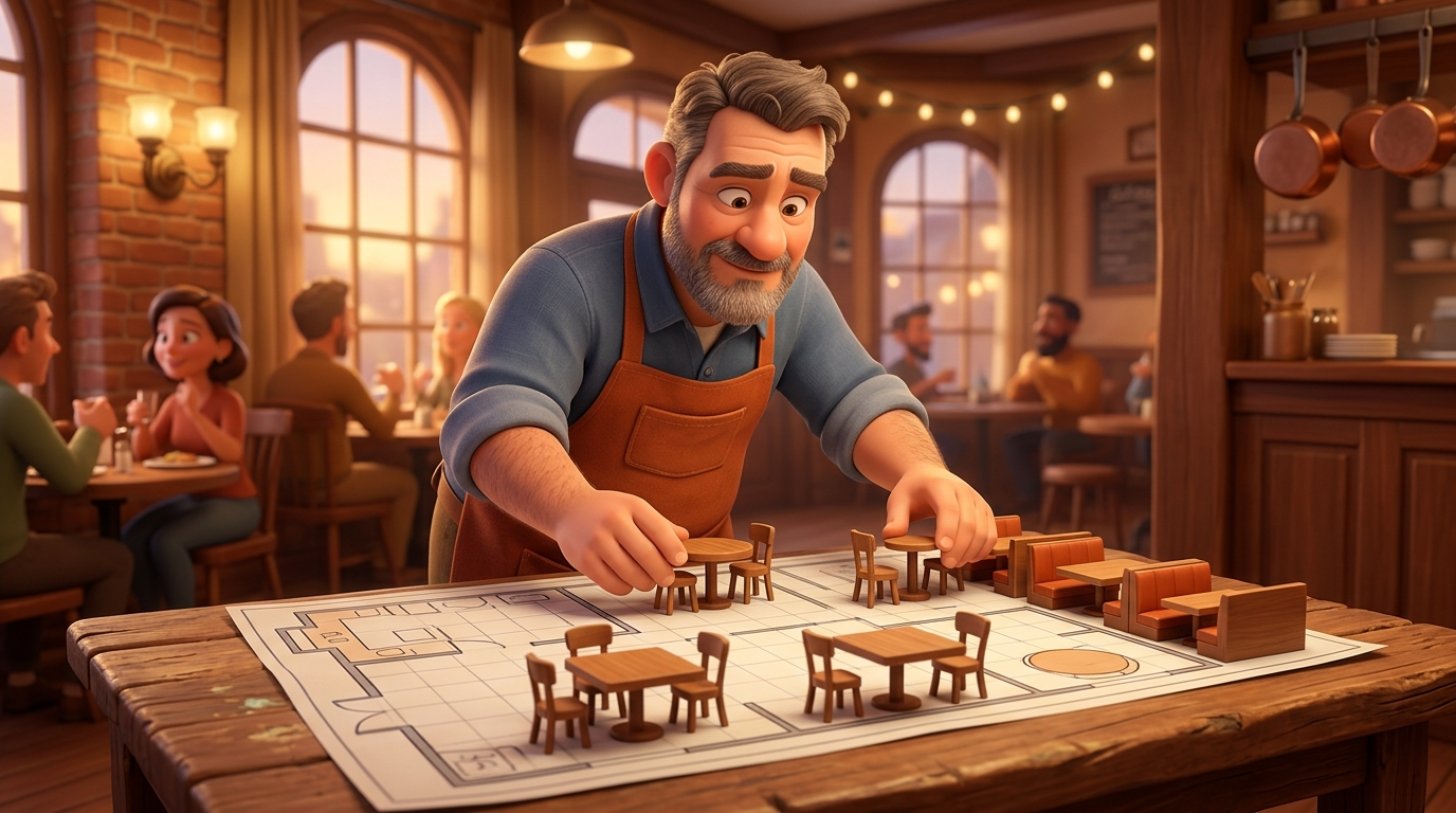Restauranthouder die miniatuurtafels verschuift op een plattegrond van zijn eetzaal, als stukken op een spelbord