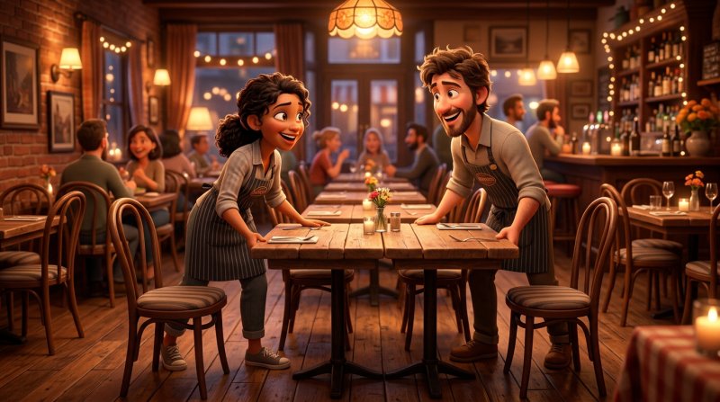 Twee medewerkers schuiven twee vierkante tafels tegen elkaar tot een langere tafel in een bistrozaal