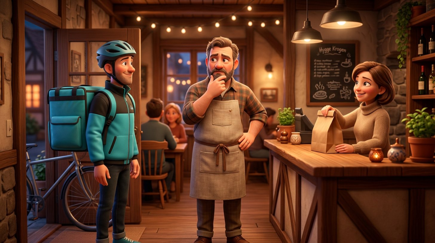 Illustration af en restauratør der tøver mellem et leveringsbud med termorygsæk og en gæst der henter sin takeawaypose ved disken