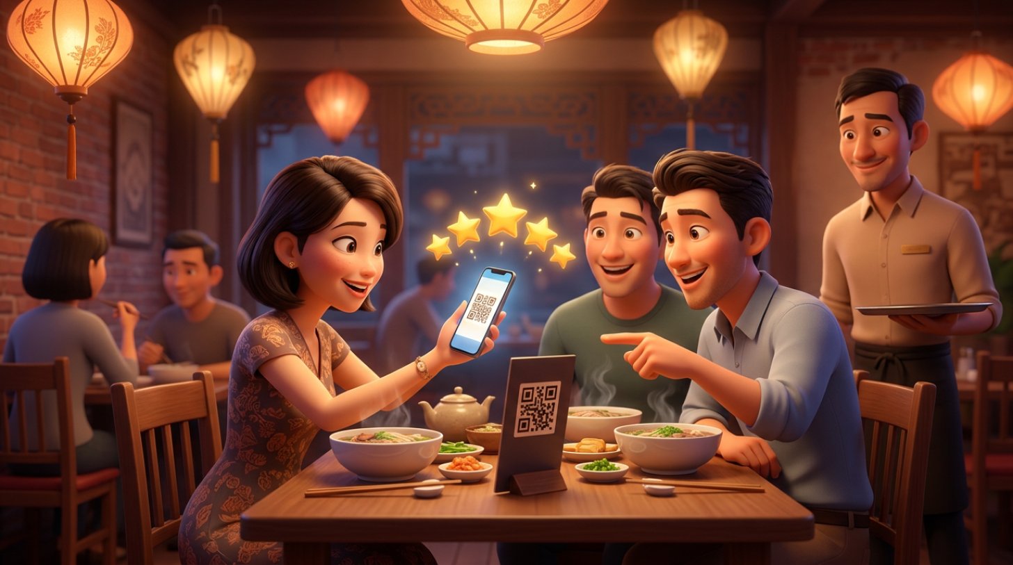 Thực khách vui vẻ quét thẻ QR xin đánh giá đặt trên bàn nhà hàng Việt sau bữa ăn, năm ngôi sao hiện trên màn hình điện thoại