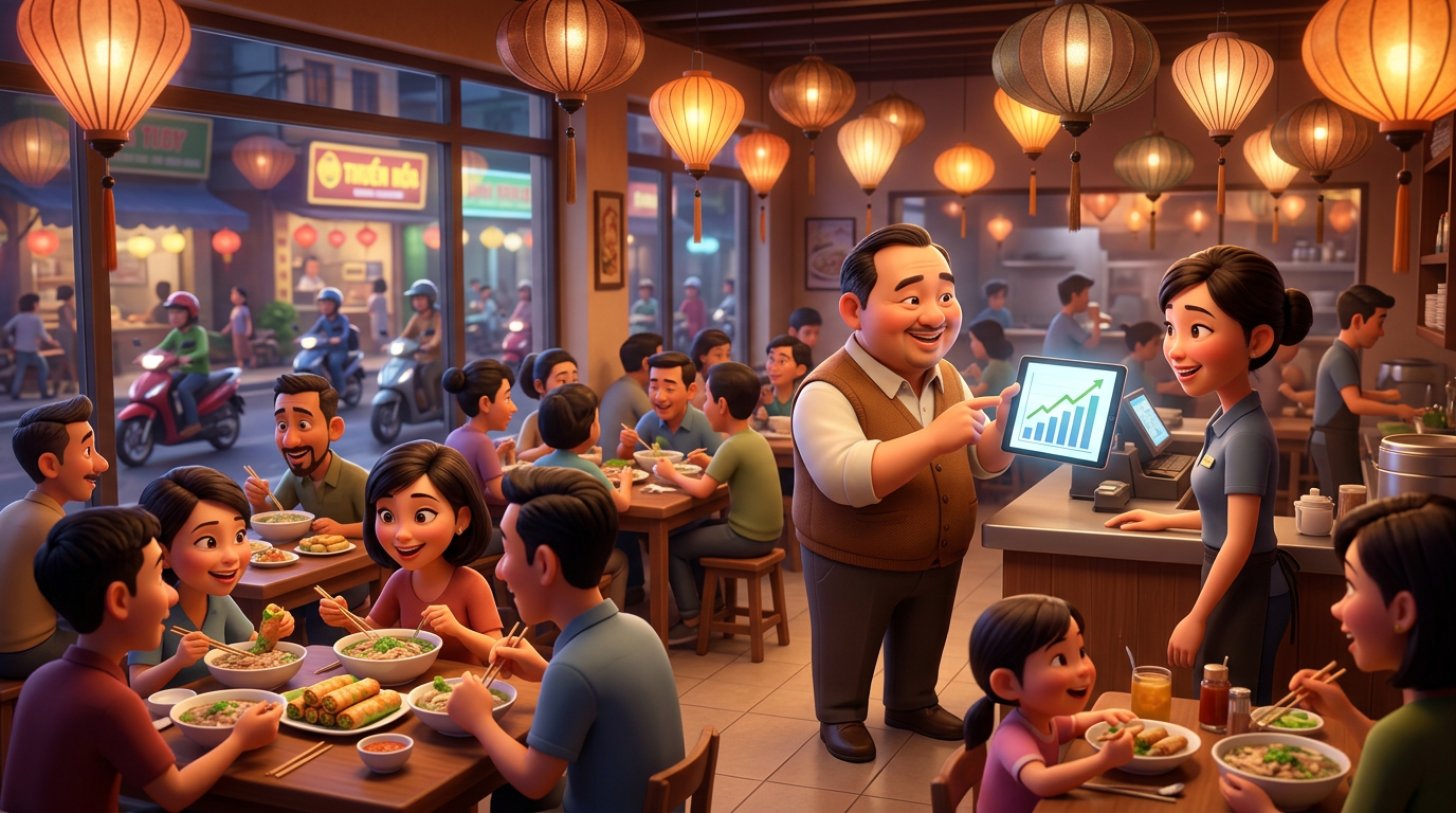 Nhà hàng Việt đông kín khách vào giờ ăn tối, chủ quán đứng cạnh quầy xem biểu đồ doanh thu đi lên trên máy tính bảng, ánh đèn lồng ấm áp