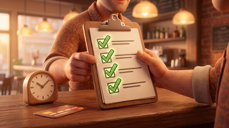 Mão de restaurador marcando um checklist de política de cancelamento em uma prancheta, com relógio e cartão de crédito ao lado