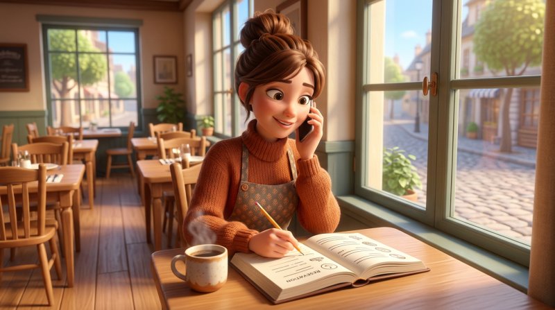 Restauratérka v klidném odpoledni telefonuje s hostem a zapisuje rezervaci u okna prázdné restaurace