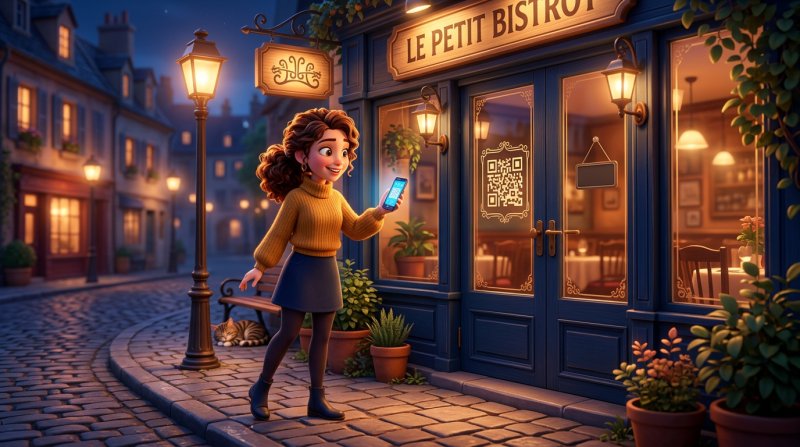 Usměvavá žena večer skenuje mobilem QR kód na prosklených dveřích zavřené restaurace