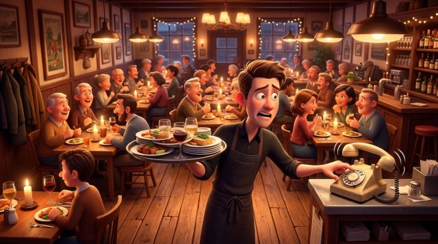 Illustration af en presset tjener midt i aftenens myldretid, med en fuld bakke i den ene hånd, der kigger på restaurantens telefon, som ringer