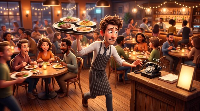Ilustracja zabieganego kelnera w pełnej sali restauracji, z tacą w jednej ręce, patrzącego na dzwoniący telefon przy ladzie