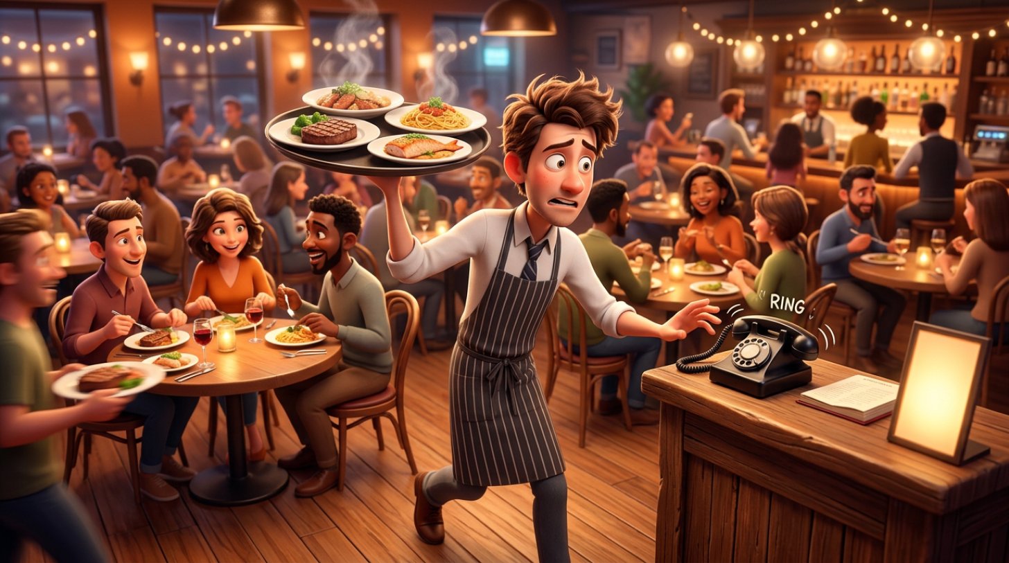 Ilustracja zabieganego kelnera w pełnej sali restauracji, z tacą w jednej ręce, patrzącego na dzwoniący telefon przy ladzie