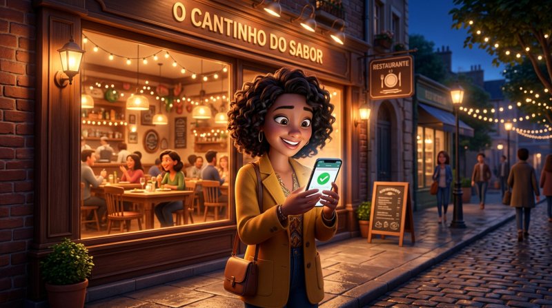 Cliente a reservar mesa no smartphone à noite, em frente à montra iluminada do restaurante