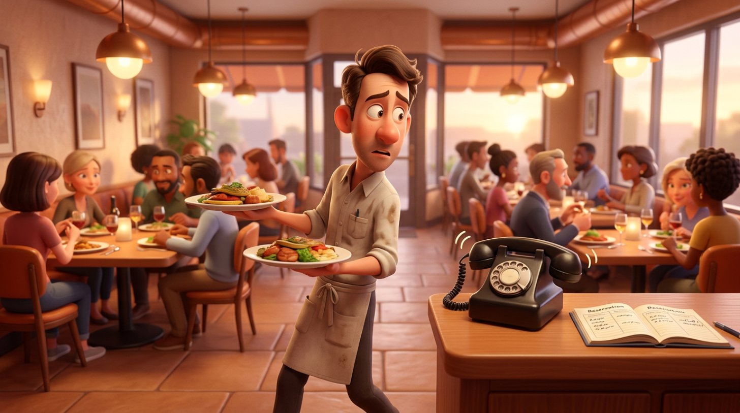 Servitør med tallerkener i begge hender ser mot en telefon som ringer på disken i en full restaurant