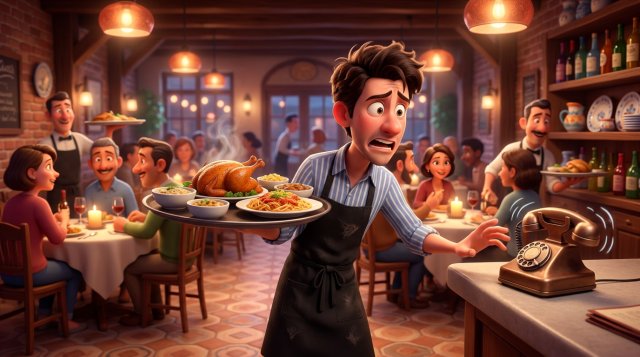 Ilustración de un camarero agobiado en plena hora punta, con una bandeja en la mano, mirando el teléfono del restaurante que suena