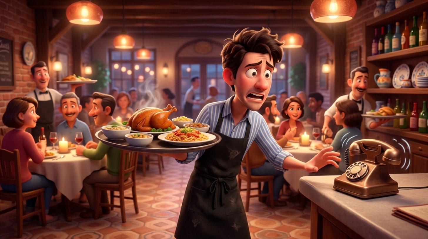 Ilustración de un camarero agobiado en plena hora punta, con una bandeja en la mano, mirando el teléfono del restaurante que suena