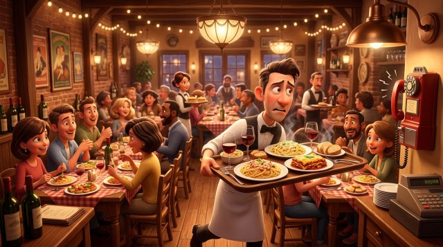 Illustrazione di un cameriere in pieno servizio con un vassoio in mano che guarda il telefono del ristorante mentre squilla