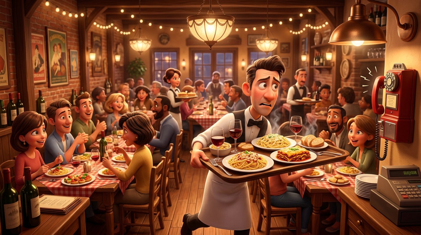 Illustrazione di un cameriere in pieno servizio con un vassoio in mano che guarda il telefono del ristorante mentre squilla