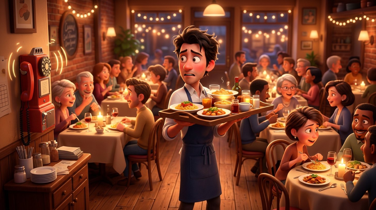 Illustratie van een overbelaste ober midden in de service, met een vol dienblad in de ene hand, kijkend naar de rinkelende telefoon van het restaurant