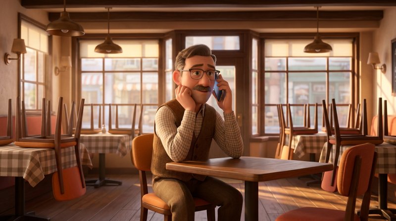 Restauranthouder die voor de service in zijn lege zaal de voicemailbegroeting inspreekt