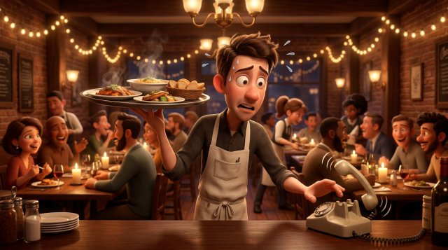 Illustration d'un serveur débordé en plein service, un plateau dans une main, regardant le téléphone du restaurant qui sonne