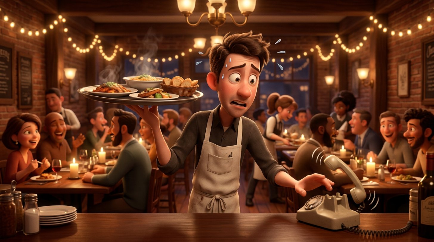 Illustration d'un serveur débordé en plein service, un plateau dans une main, regardant le téléphone du restaurant qui sonne