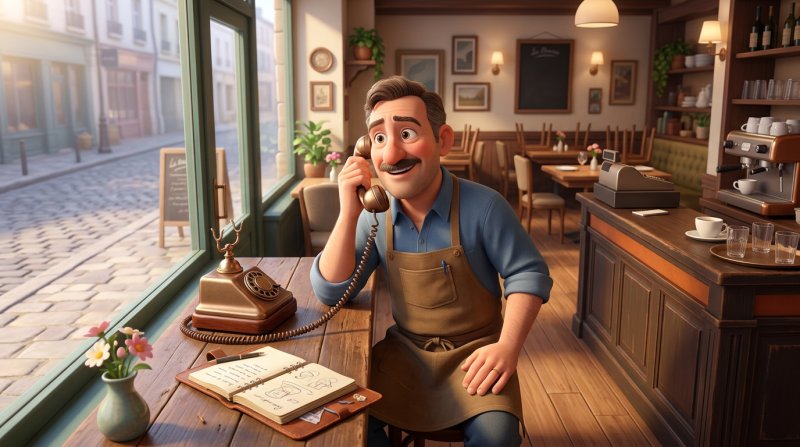 Restaurateur enregistrant le message d'accueil du téléphone de son restaurant avant le service