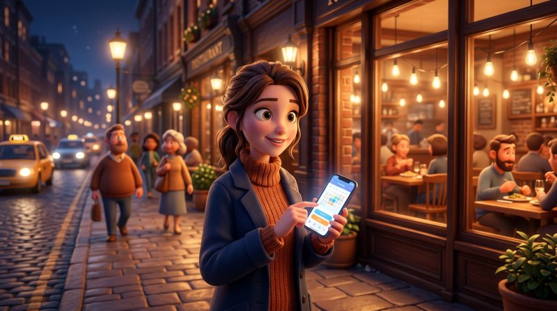 Cliente réservant une table de restaurant sur son smartphone le soir devant la vitrine de l'établissement