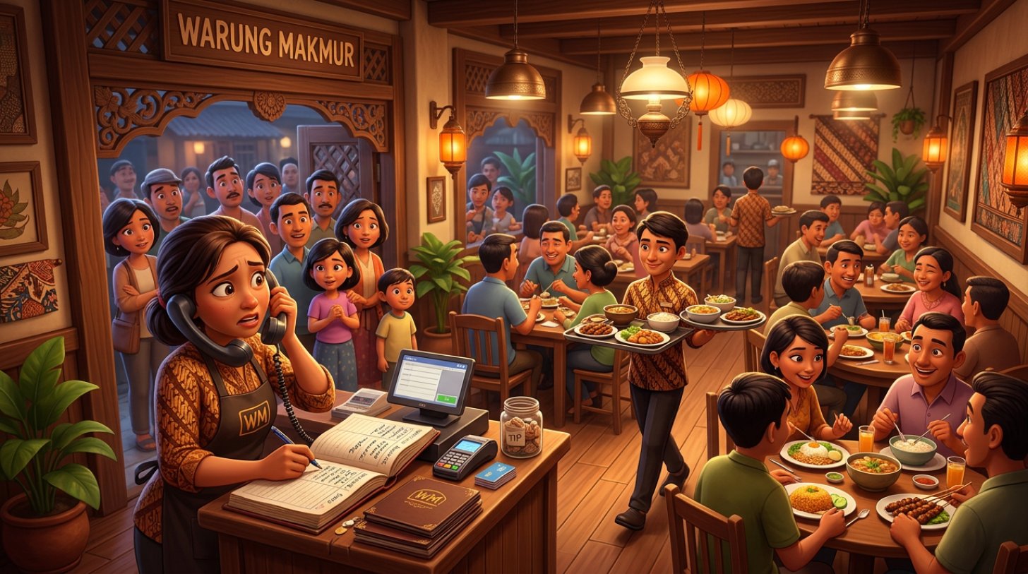 Ilustrasi 3D staf restoran yang kewalahan memegang telepon berdering di restoran yang penuh tamu pada jam sibuk