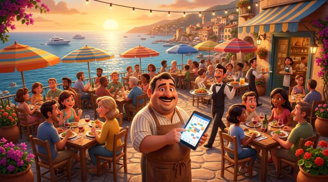 Ilustración de un restaurador sonriente consultando el calendario de reservas lleno en su tableta, en la terraza abarrotada de su restaurante junto al mar con sombrillas de colores