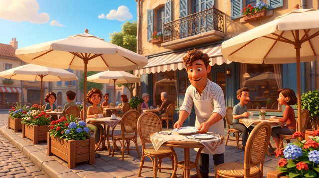 Illustration d'une terrasse de restaurant ensoleillée avec parasols et tables dressées devant une façade de café français