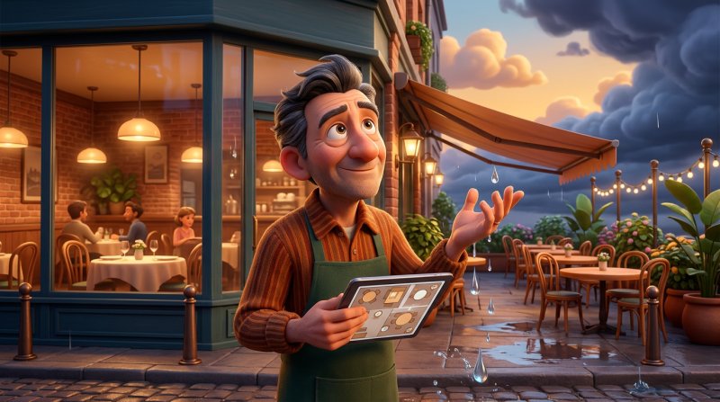 Restaurateur consultant son plan de salle sur tablette devant sa terrasse sous un ciel menaçant