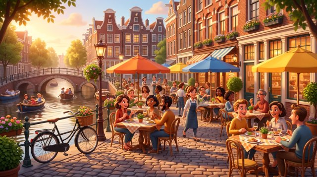 Zonnig restaurantterras met parasols en gedekte tafels aan een Nederlandse gracht