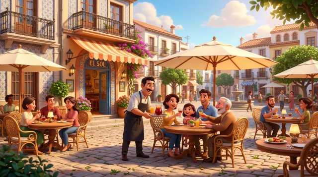 Terraza soleada de un restaurante español con veladores, sombrillas color crema y un camarero sirviendo bebidas