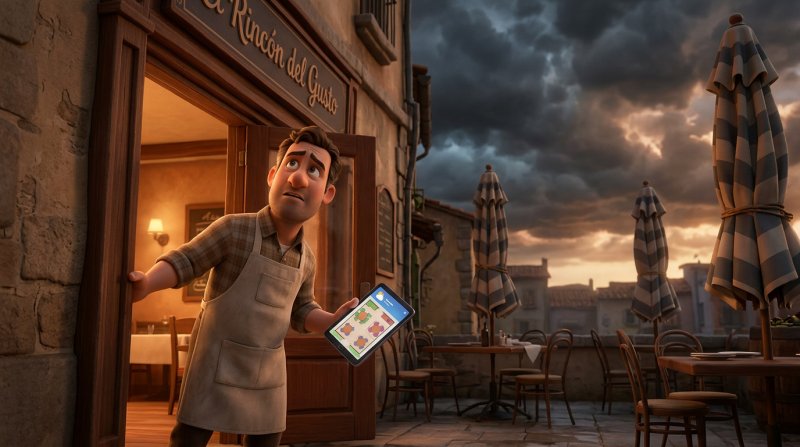Restaurador mirando nubes de tormenta con una tableta que muestra su plano de mesas, junto a su terraza a medio recoger