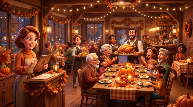 Illustration of an American restaurant decorated for Thanksgiving, with a restaurant owner checking a full reservation calendar on a tablet while servers bring a roasted turkey to a large family table