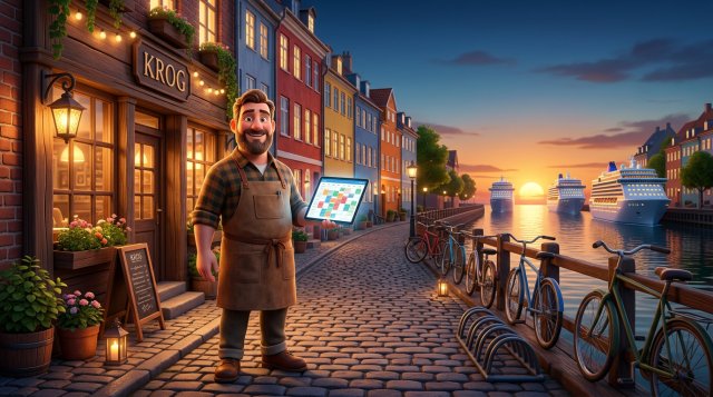 Dansk restauratør med en fyldt bookingkalender på sin tablet foran farverige byhuse ved havnen, mens tre store skibe sejler mod horisonten