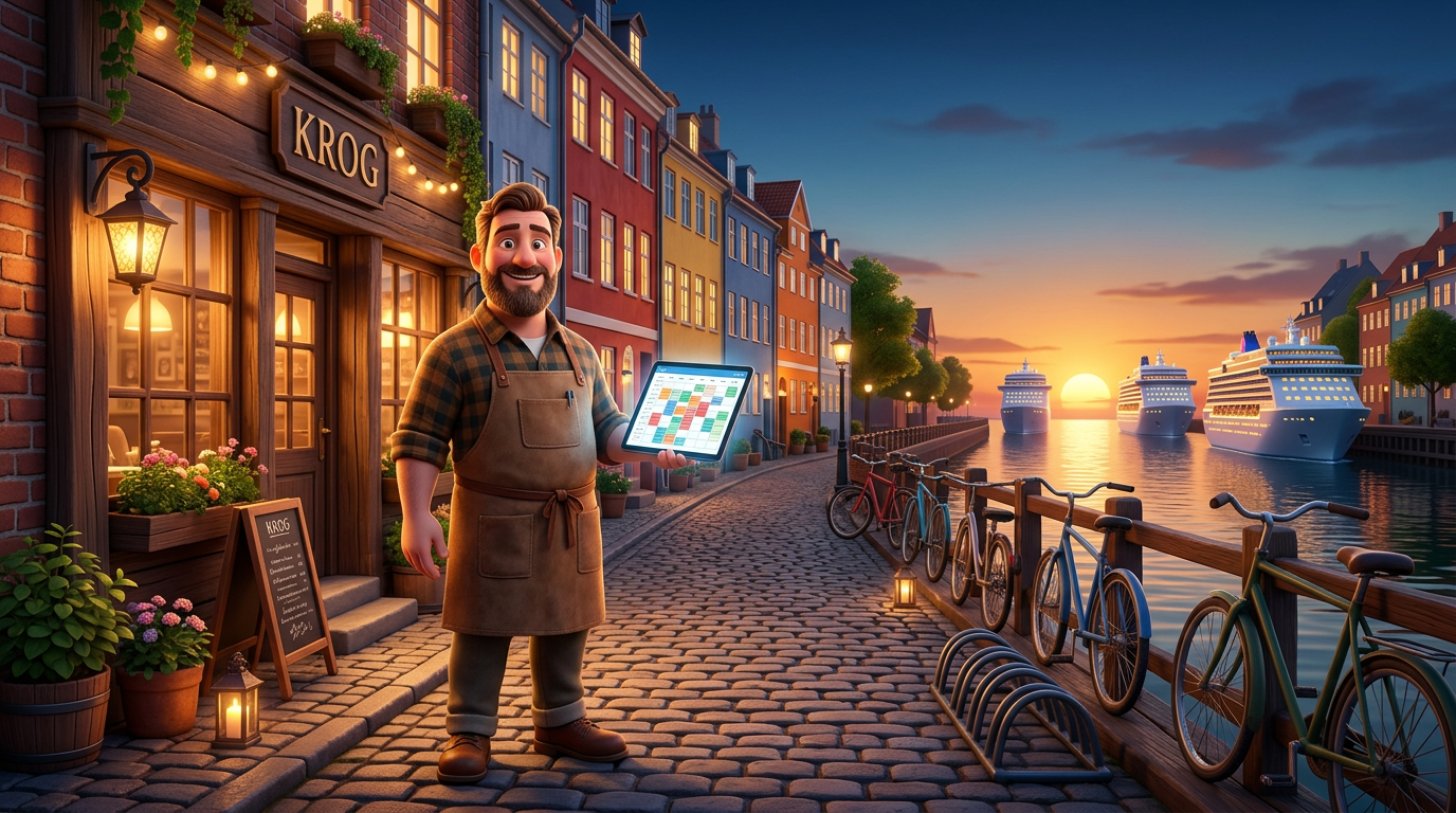 Dansk restauratør med en fyldt bookingkalender på sin tablet foran farverige byhuse ved havnen, mens tre store skibe sejler mod horisonten