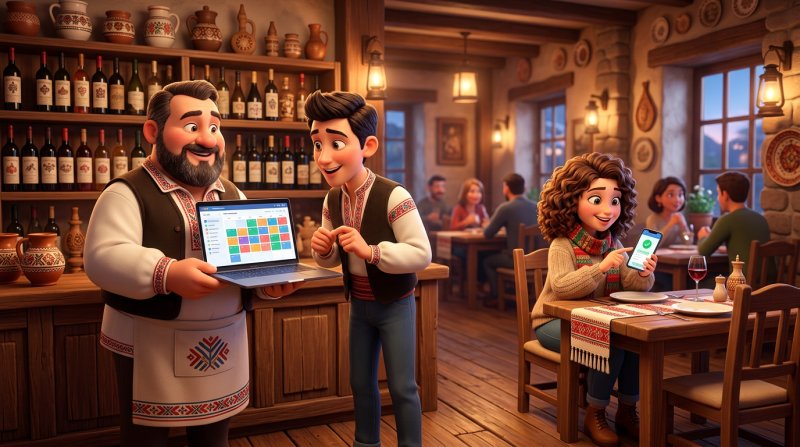 Proprietara unui restaurant îi arată unui ospătar calendarul de rezervări plin de pe laptop, în timp ce o clientă își confirmă rezervarea pe telefon