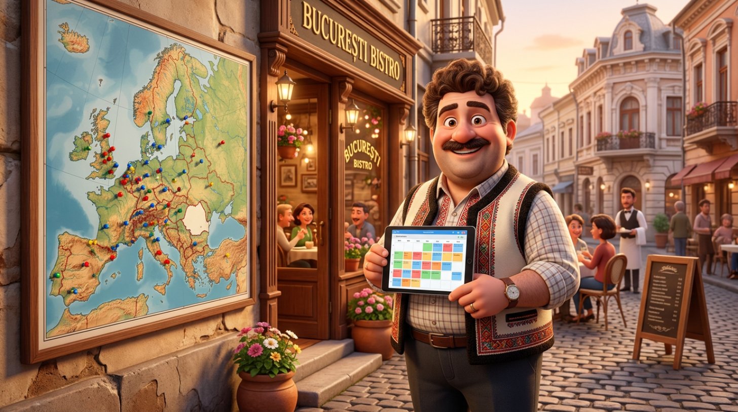 Restaurator zâmbitor cu o tabletă cu calendarul de rezervări plin, în fața terasei sale din centrul vechi, lângă o hartă a Europei acoperită de piuneze colorate, cu zona României rămasă goală
