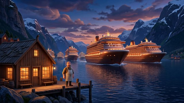 Tre enorme cruiseskip seiler forbi en liten norsk fjordrestaurant mens restauranteieren ser på fra bryggen