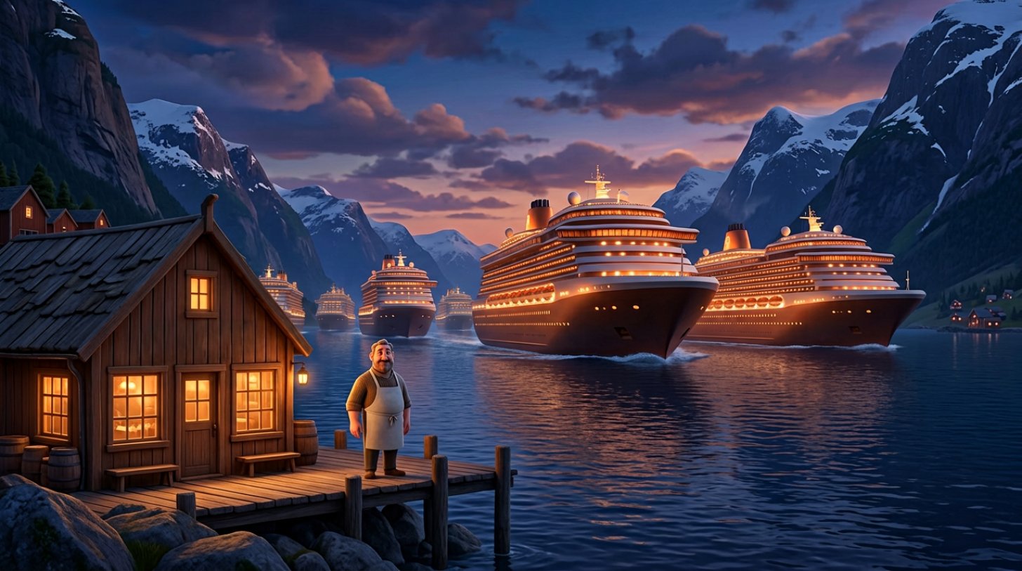 Tre enorme cruiseskip seiler forbi en liten norsk fjordrestaurant mens restauranteieren ser på fra bryggen