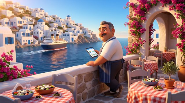 Έλληνας εστιάτορας με tablet στη βεράντα ταβέρνας με θέα το Αιγαίο, ενώ ένα μεγάλο πλοίο απομακρύνεται στον ορίζοντα