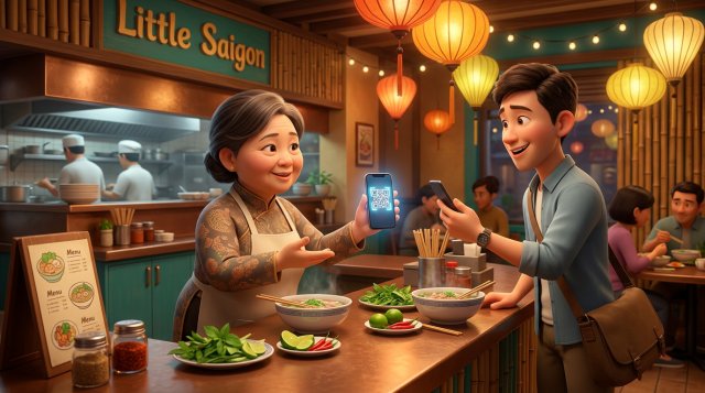 Chủ nhà hàng Việt Nam đứng sau quầy, giơ điện thoại hiển thị mã QR thanh toán cho khách quét để chuyển tiền cọc đặt bàn