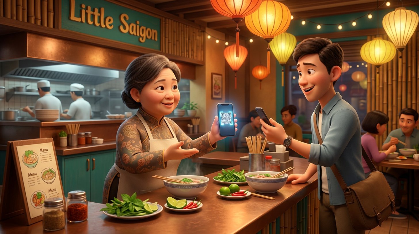 Chủ nhà hàng Việt Nam đứng sau quầy, giơ điện thoại hiển thị mã QR thanh toán cho khách quét để chuyển tiền cọc đặt bàn