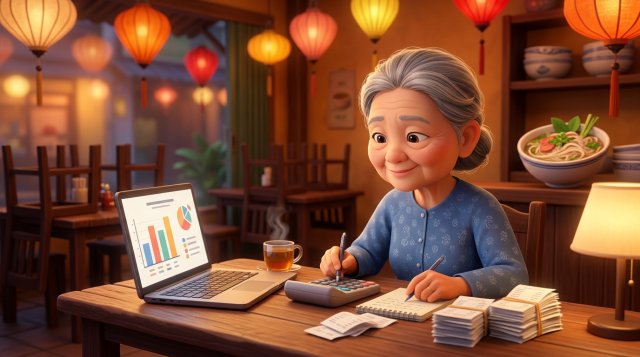 Chủ quán ăn Việt Nam ngồi tính thuế buổi tối với máy tính cầm tay, laptop và chồng hóa đơn trên bàn gỗ trong nhà hàng