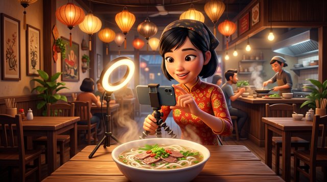Nhân viên nhà hàng Việt Nam trẻ tuổi quay video món mì nóng hổi bằng điện thoại gắn tripod trong quán ăn treo đèn lồng ấm cúng