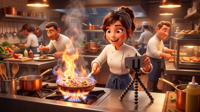 Illustration of a young chef filming a sizzling flambe pan with a smartphone on a tripod in a busy restaurant kitchen