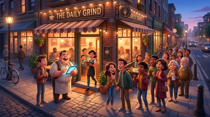 Illustration of diners queuing outside a small restaurant at dusk while the owner manages the waitlist on a tablet at the door