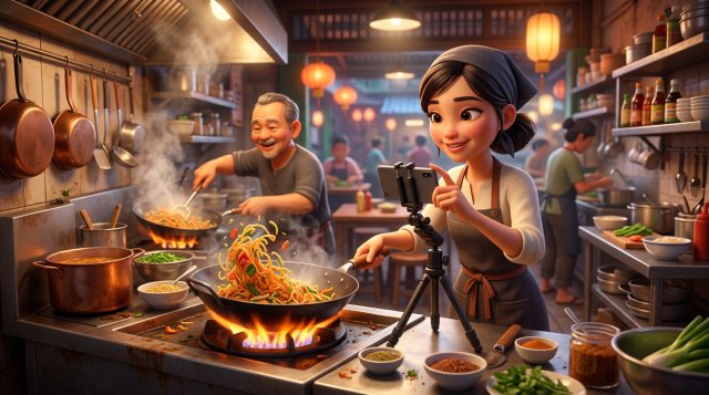 เจ้าของร้านอาหารไทยกำลังถ่ายคลิปเมนูผัดกระทะไฟลุกด้วยสมาร์ตโฟนบนขาตั้งในครัวตึกแถว มีพ่อครัวผัดเส้นอยู่ด้านหลัง
